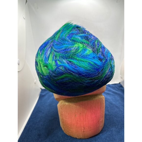 Vintage Blue & Green Feather bubble Hat Amy NY - Picture 3 of 12